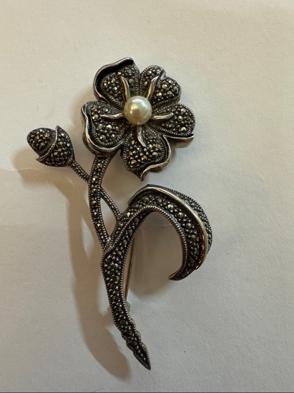 Judith Jack Sterling Silver Marcasite Floral Brooch with Pearl Center